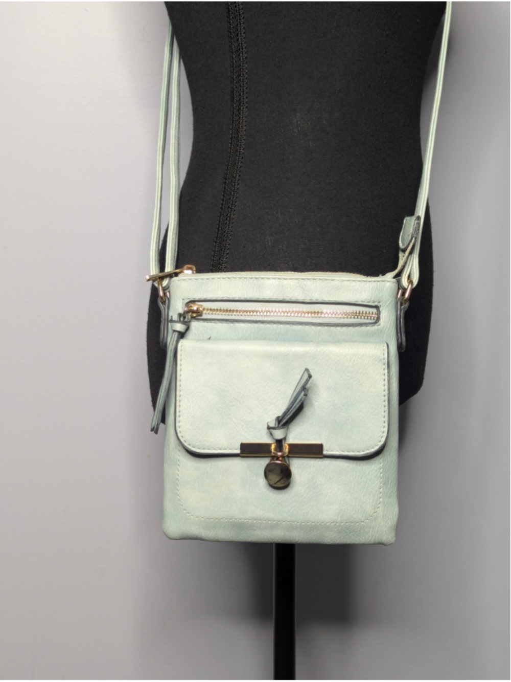 Emperia Mint Green Vegan Leather Double Zip Crossbody Bag T-Bar Twist Lock